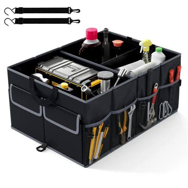 13 Gallon Car Trunk Organizer - 3 Compartments+6 Pockets, 600D Oxford Fabric, Non-Slip Base, Black