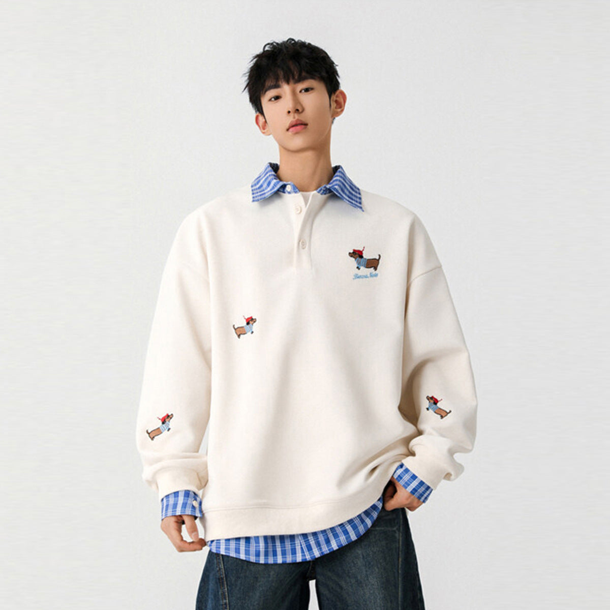 Embroidered Design Polo-neck Hoodie For Men