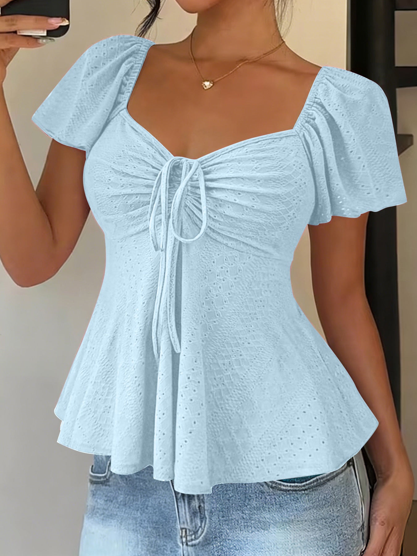 Euramerican V-neck Drawstring Tie-up Top